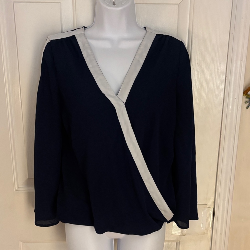 New York & Company Navy Blouse with White Trim